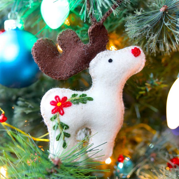 Reindeer Embroidered Wool Ornament