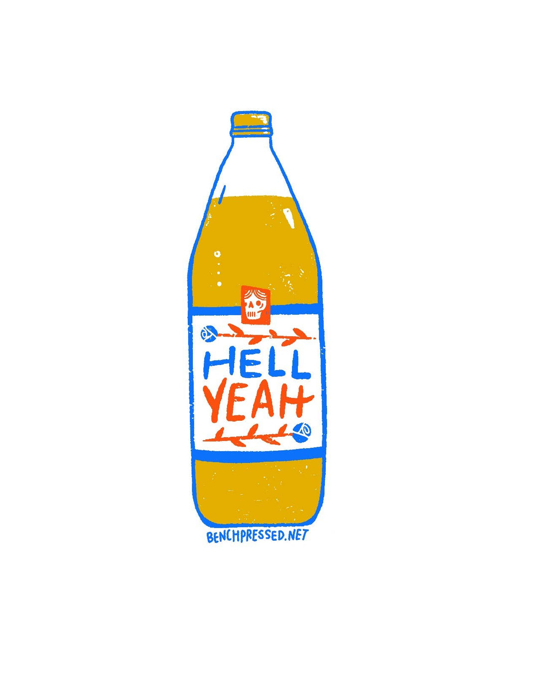 Hand drawn 40oz beer bottle with blue outline and blue and orange text on the label