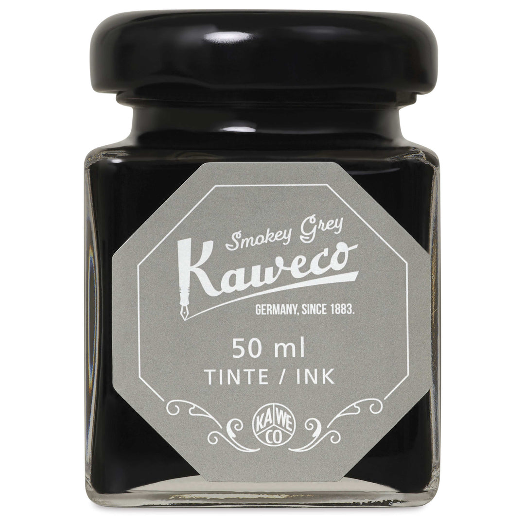 Bottle of Smokey Grey ink with black cap and white text on a grey label. 