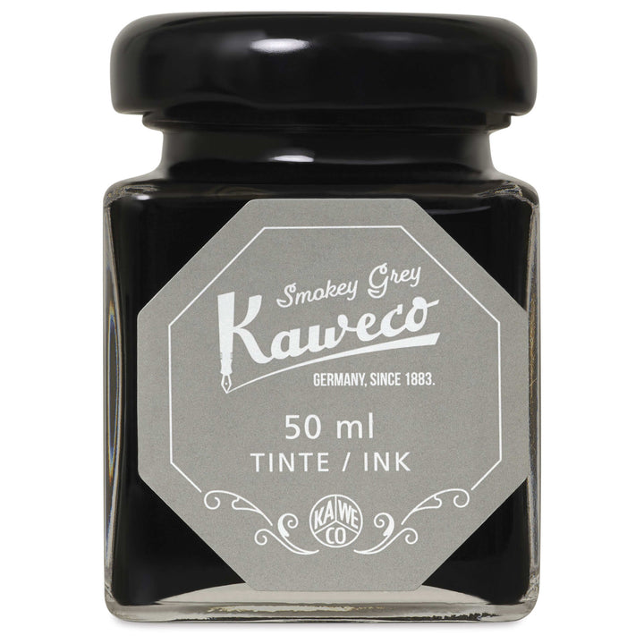 Bottle of Smokey Grey ink with black cap and white text on a grey label. 
