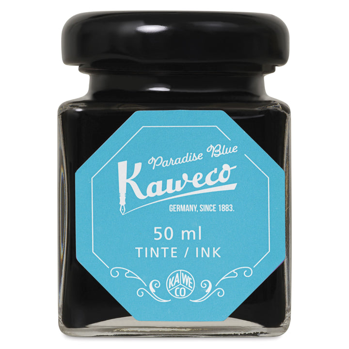 Bottle of Paradise Blue ink with black cap and white text on a turquoise label.