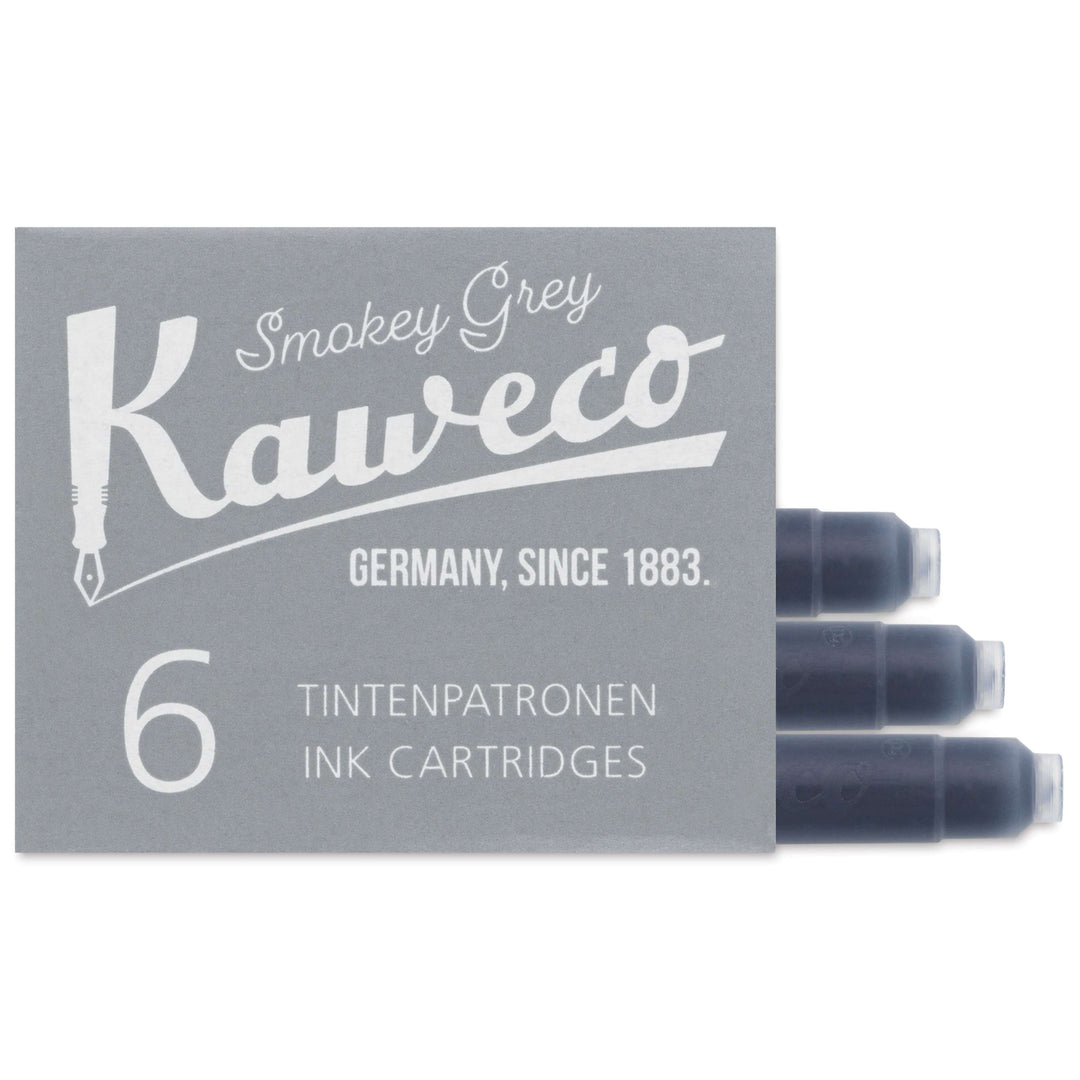 Grey box of six Kaweco Smokey Grey ink cartridges with three cartridges pulled out of the box and Kaweco branding.