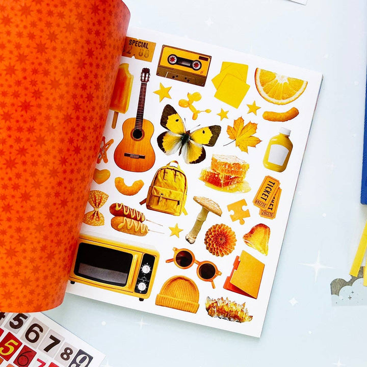 Page of various objects in yellow, including a butterfly, mushroom, and backpack.