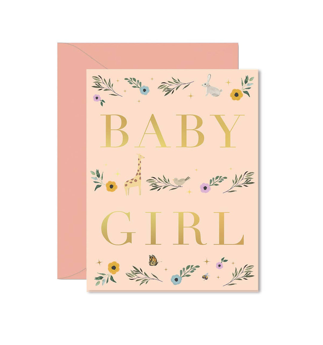 Front of card with 'Baby Girl' text and floral designs on a pink background with pink envelope.