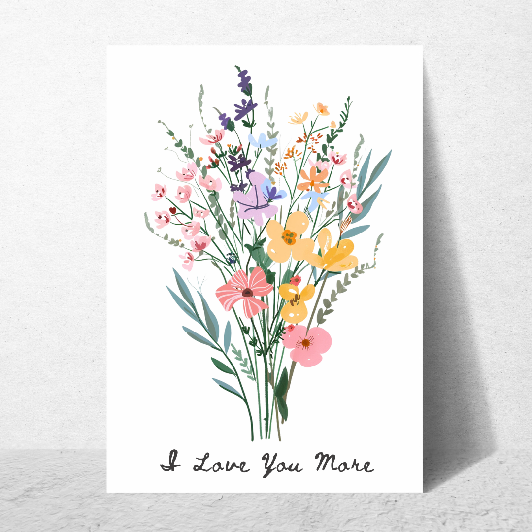 Multi-colored bouquet of wildflowers with dark green text on white cardstock