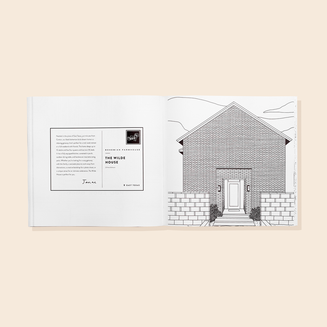 Book opened to show a postcard on the lefthand page with a description of the house and a black line art illustration of a the house  on the right hand page. 