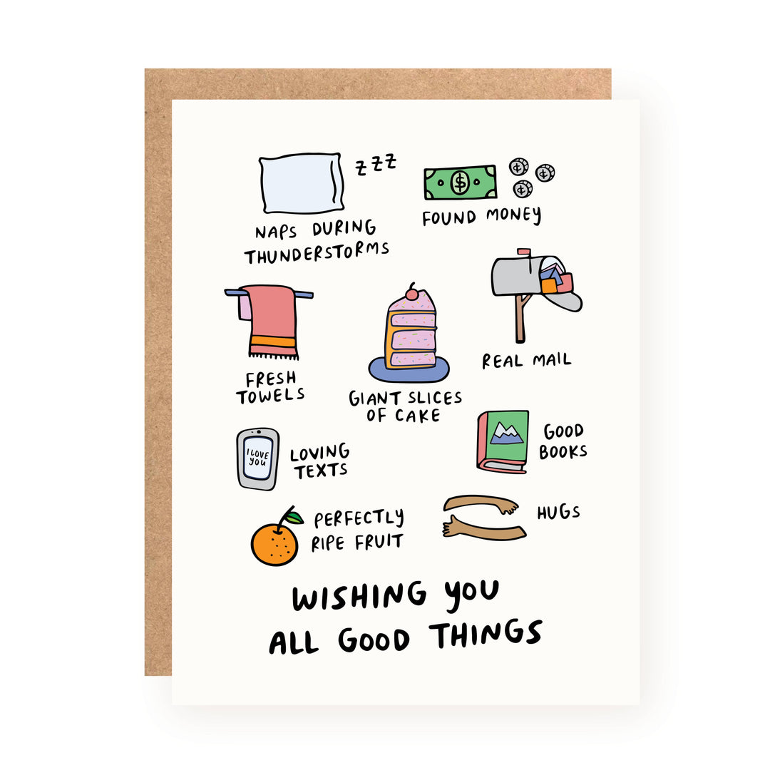 "Wishing You All Good Things" with hand-drawn illustrations nine items, like naps during thunderstorms and good books.