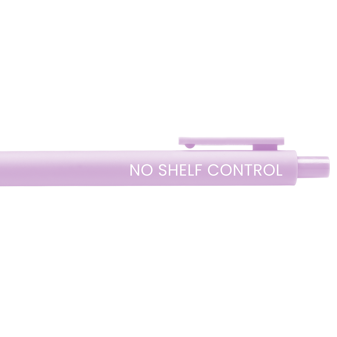 Lavender gel pen with clip and clicker and white text.