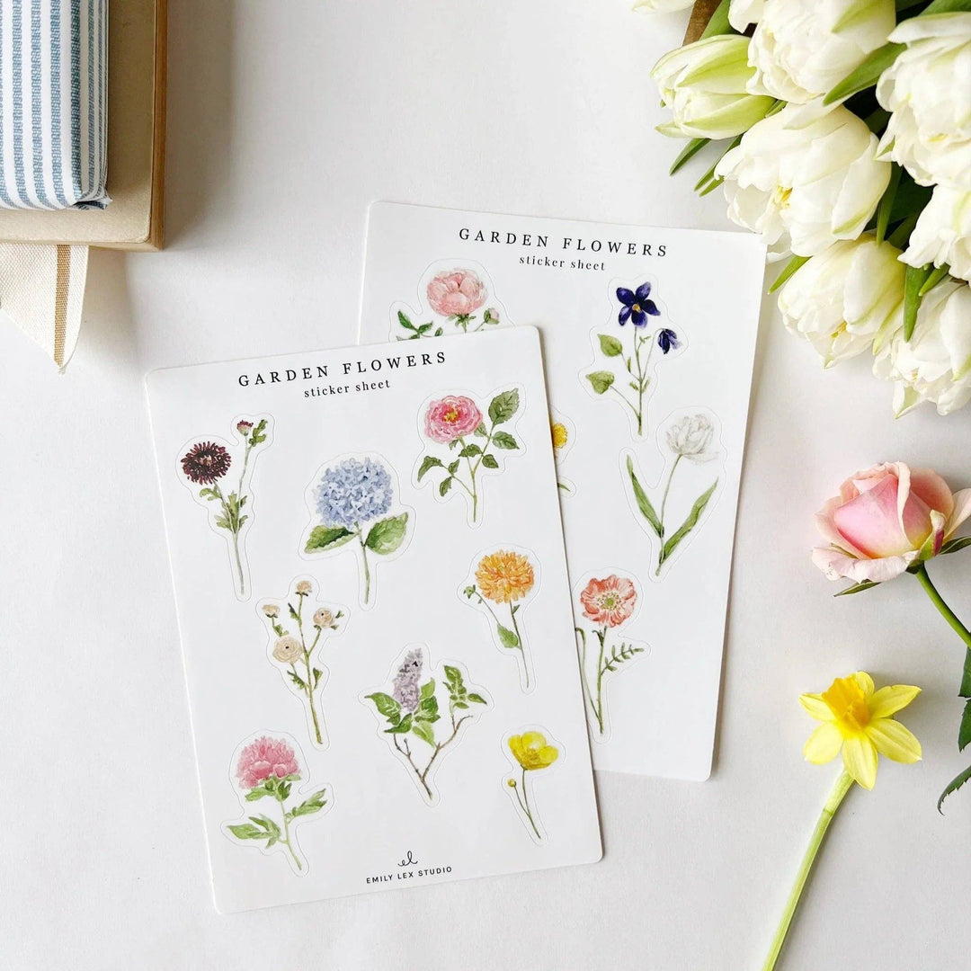 Two sticker sheets with 10 watercolor images of different flowers on each sheet.