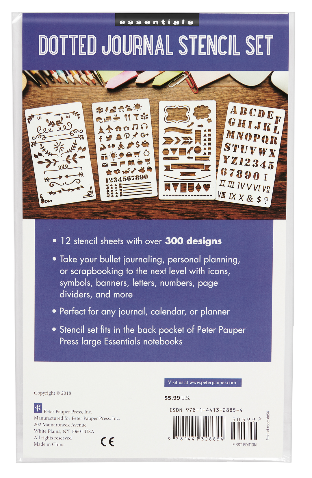 Front of package of journal stencil set, showing four of the 12 stencil sheets.