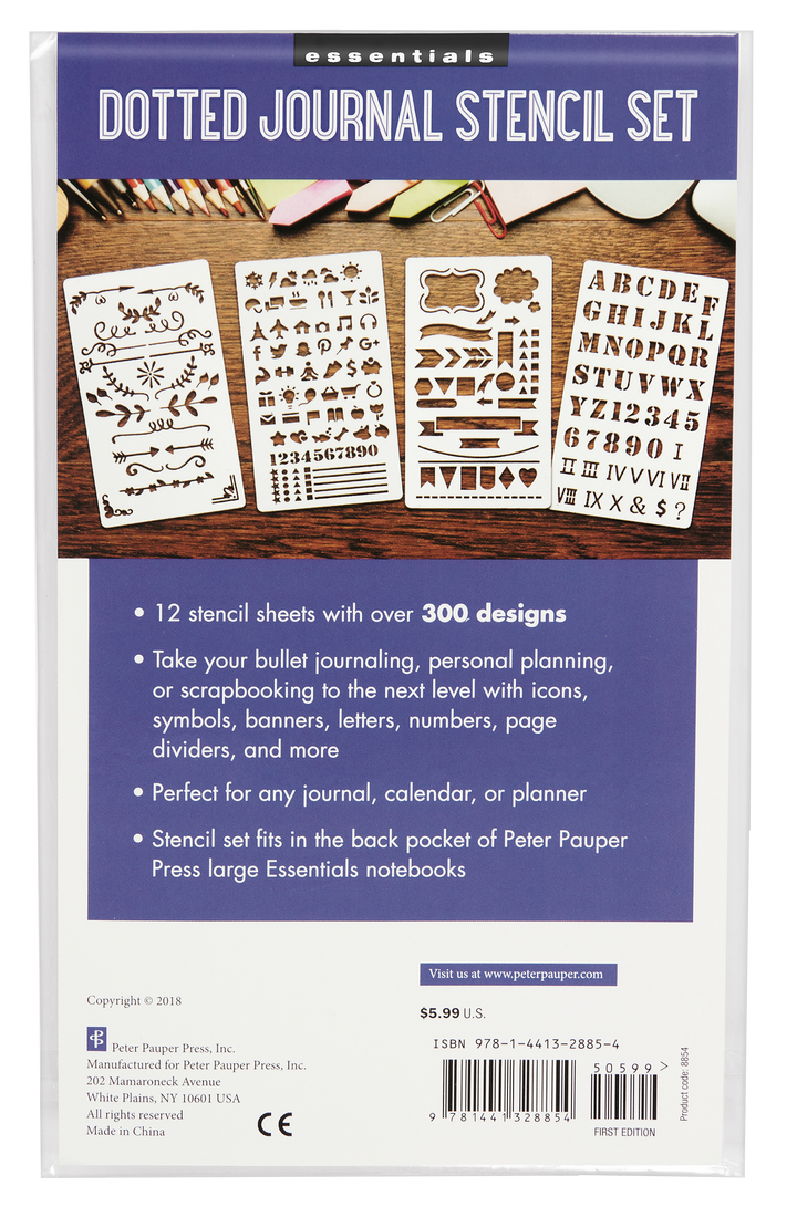 Front of package of journal stencil set, showing four of the 12 stencil sheets.