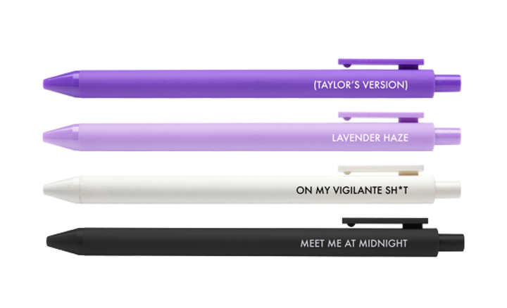 Pens for Swifties with song titles. Taylor's Version; Lavender Haze; On my Vigilante Sh*t; Meet Me at Midnight.