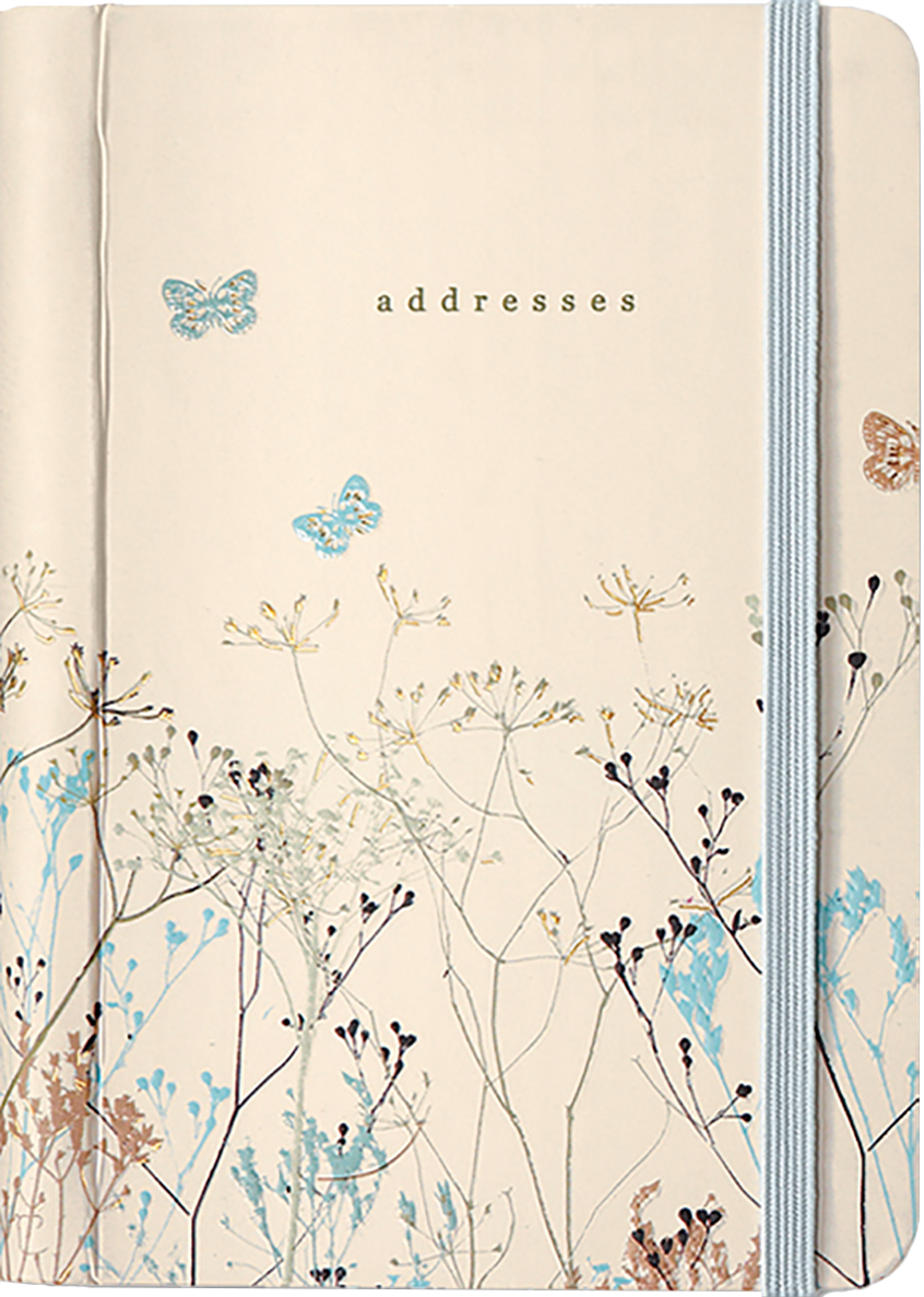 Outside of address book, with gentle design of meadow plants and butterflies.