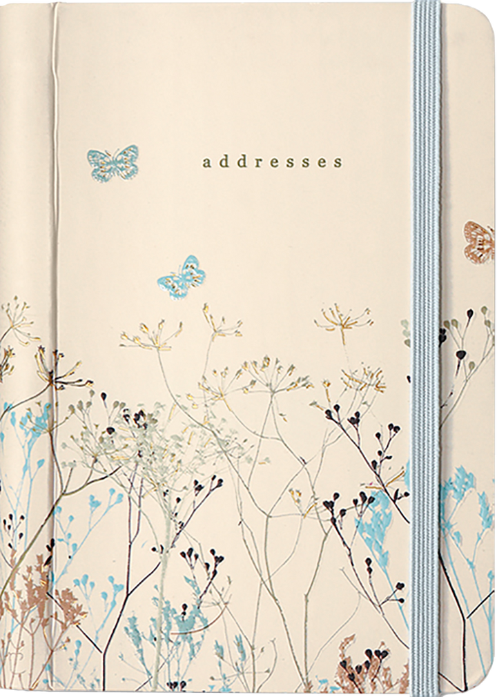 Outside of address book, with gentle design of meadow plants and butterflies.