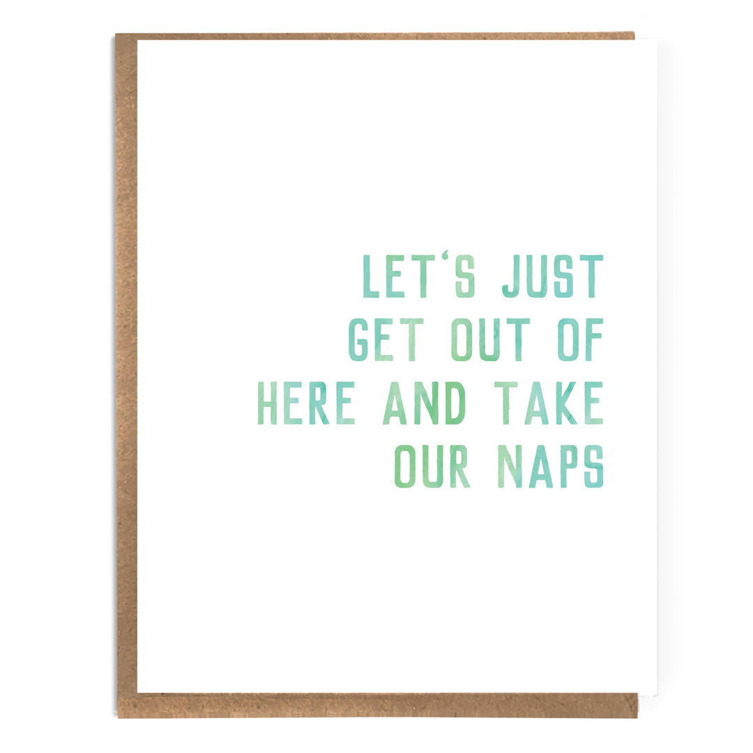 Front of card with text in large green capital letters on a white background.