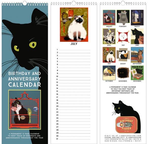 One image showing the cover with a black cat, a sample page with lines for each date, and the back cover with thumbnails of the cats for each month.