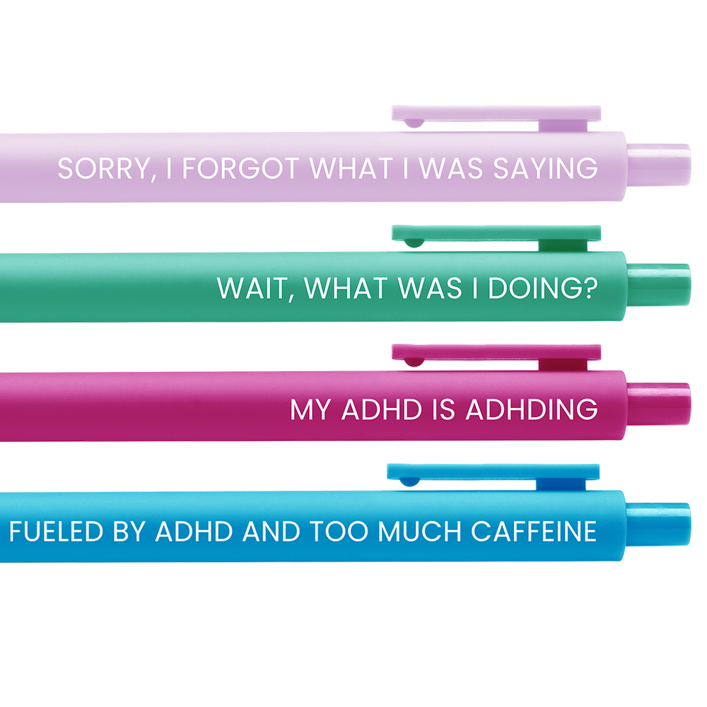 The four pens arranged horizontally. The text is in capital letters in white.