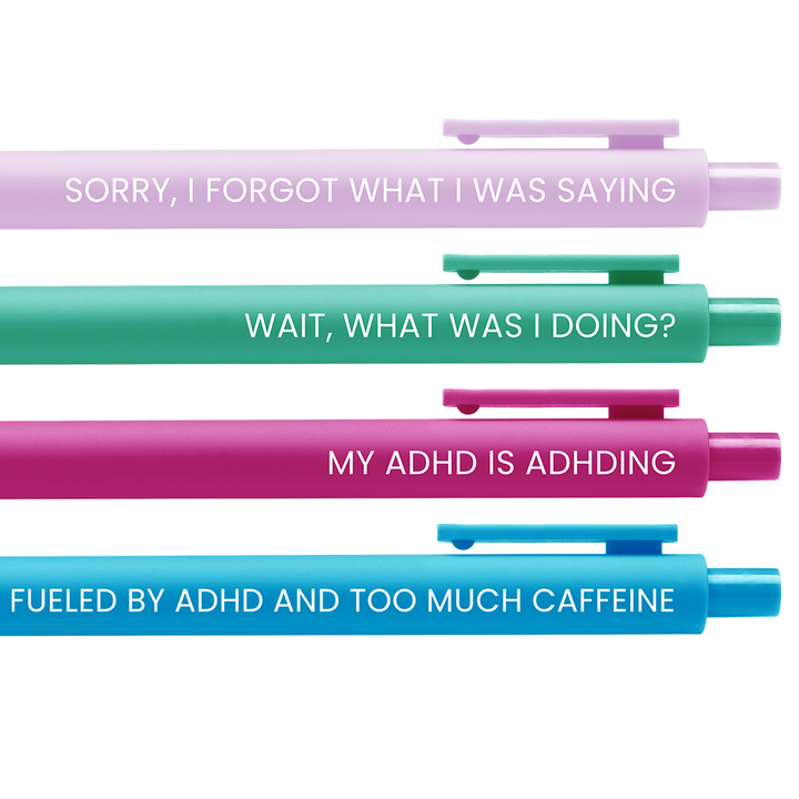 The four pens arranged horizontally. The text is in capital letters in white.