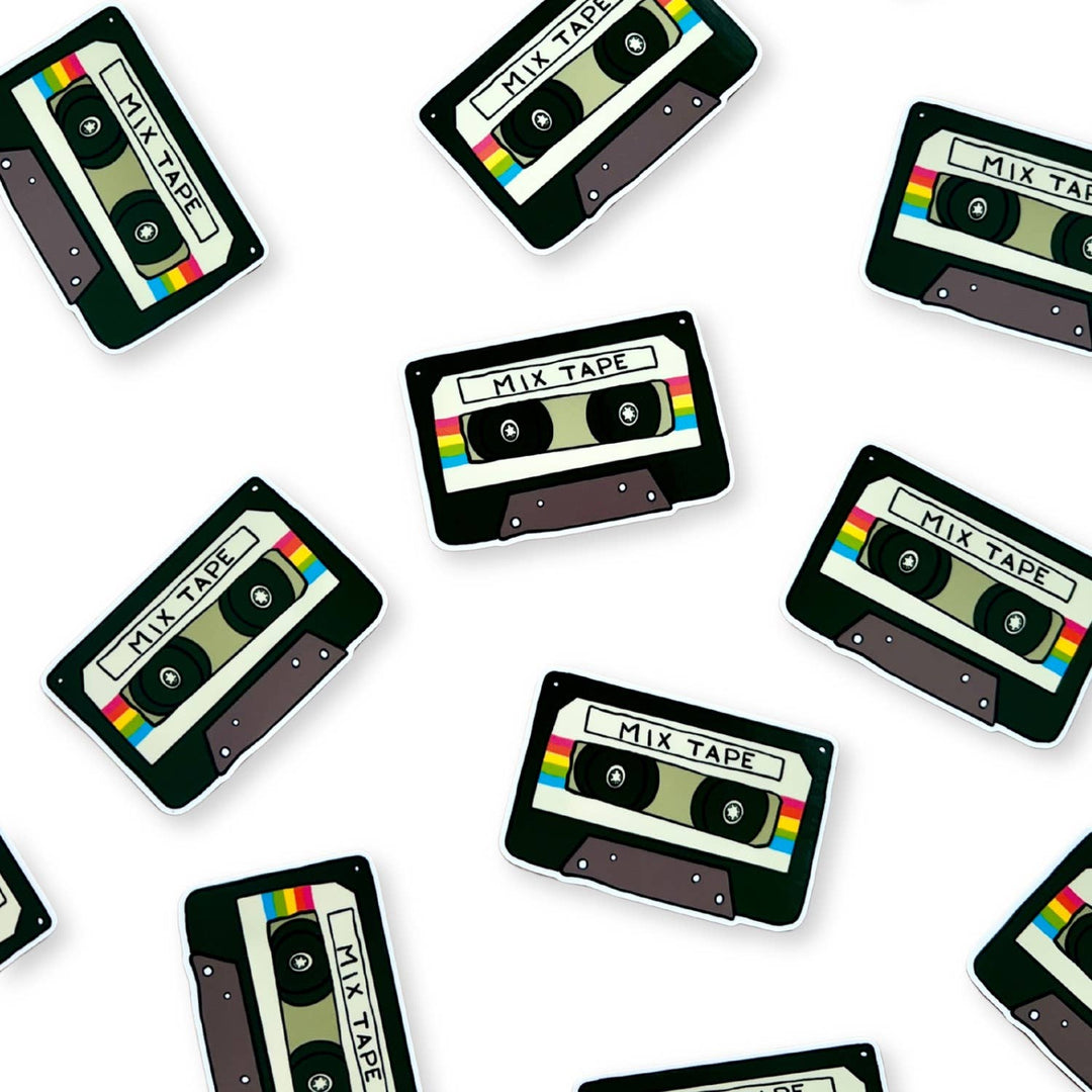 Vinyl sticker in the design of a cassette tape labeled 'mix tape.'