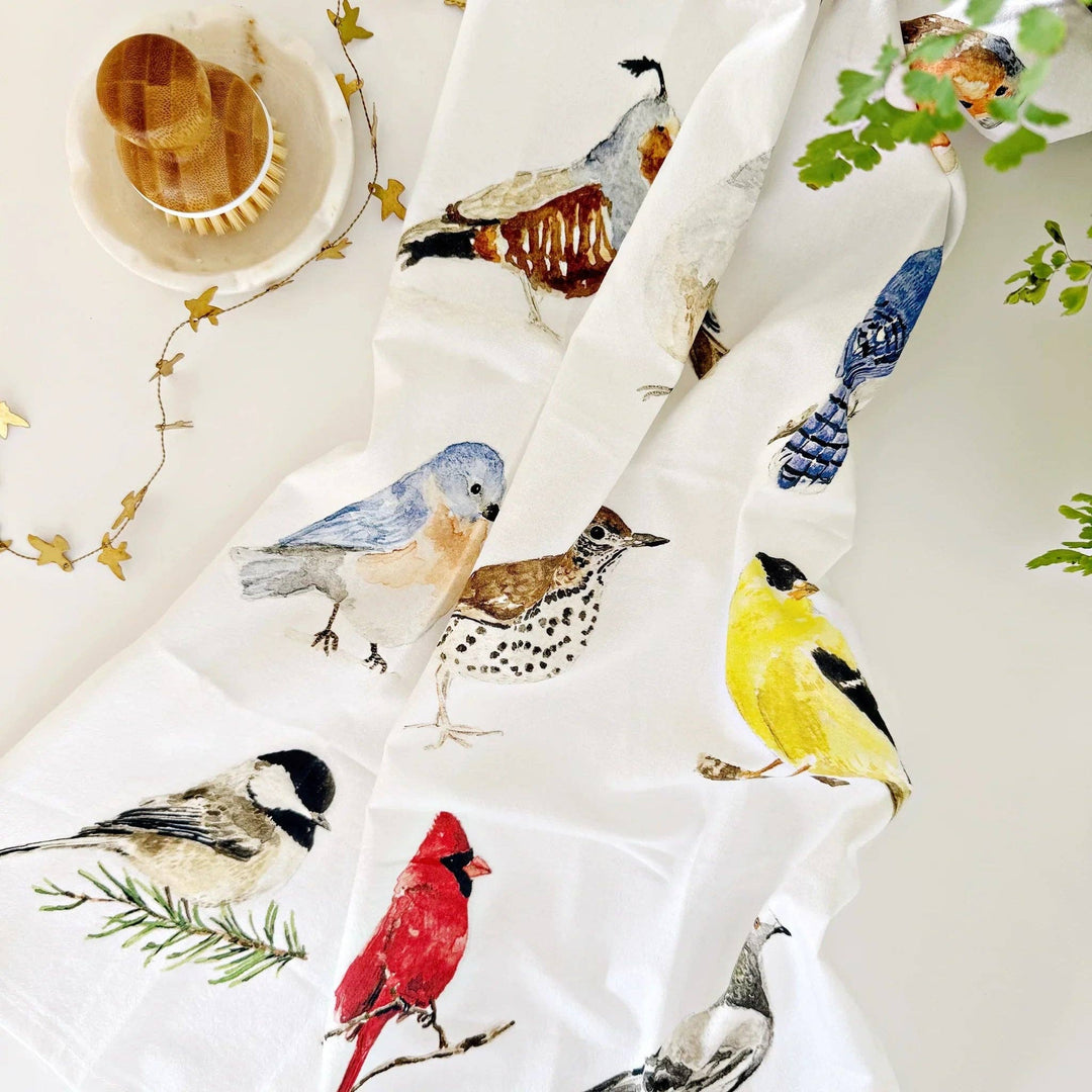 Towel draped to show the nine birds in the pattern.