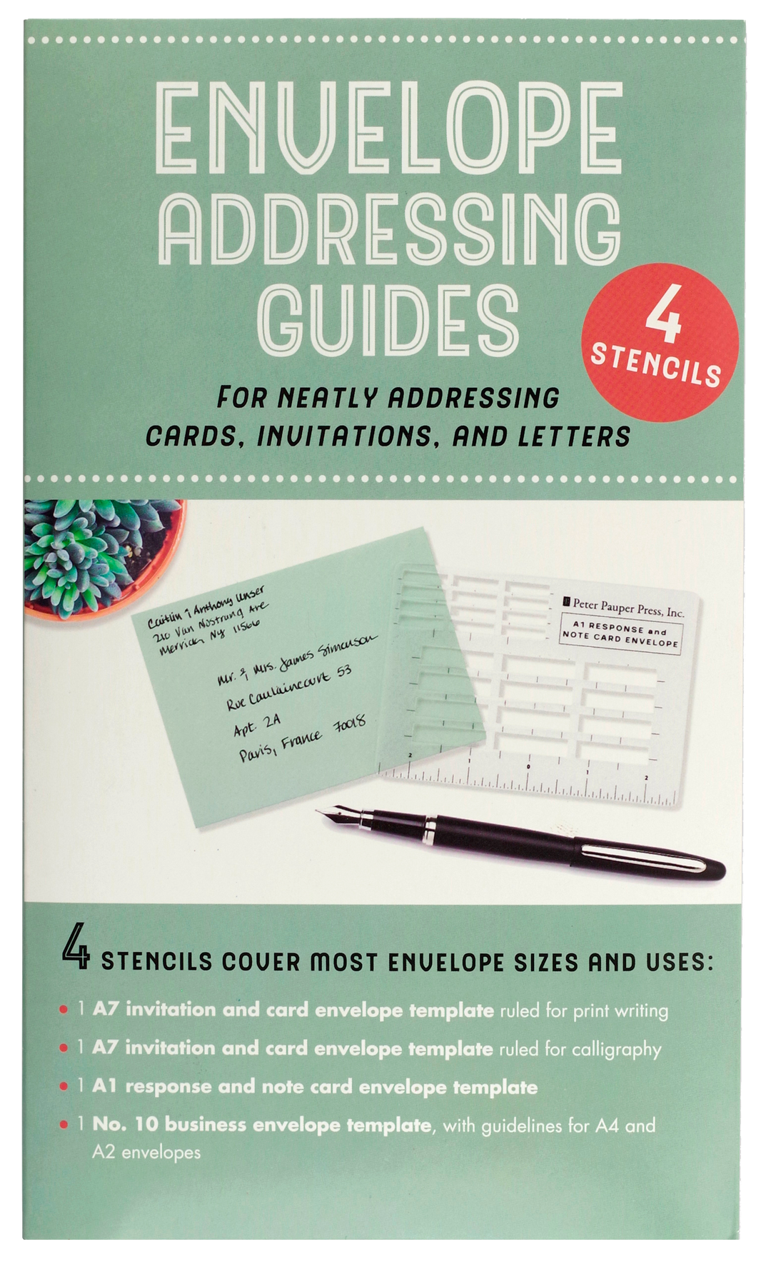 Front of package for Envelope Addressing Guides showing one of the  stencils and a pen and a completed envelope.