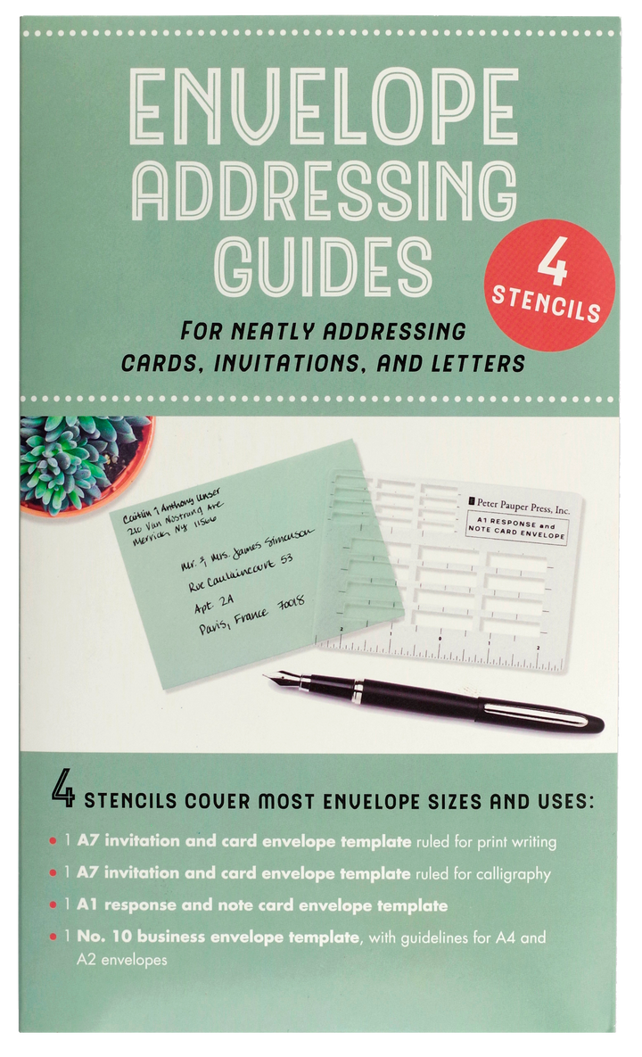 Front of package for Envelope Addressing Guides showing one of the  stencils and a pen and a completed envelope.