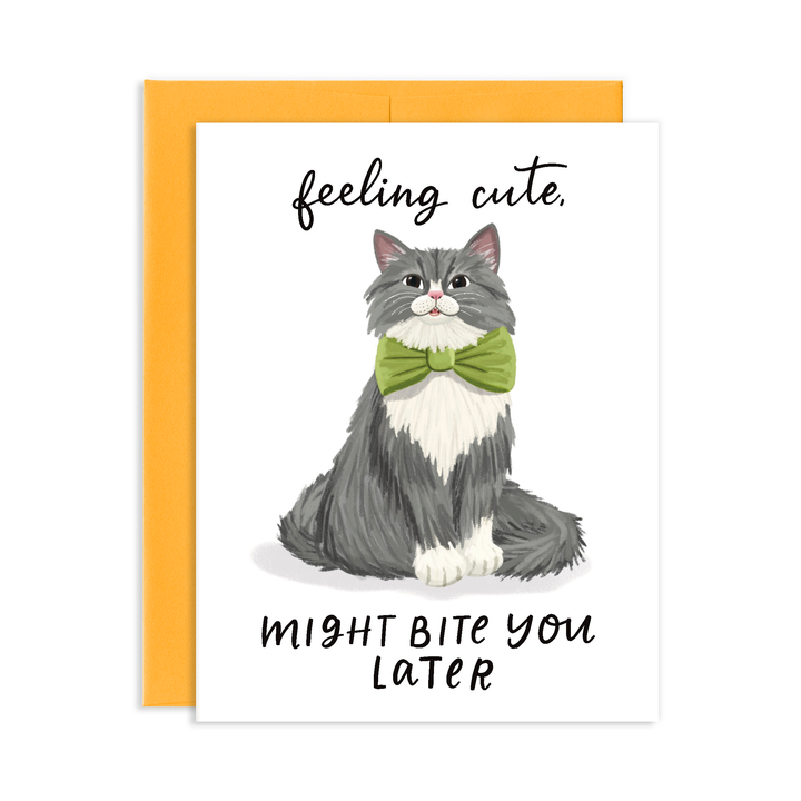 Front of card with a gray cat with white chest and paws, and wearing a large green bow, with the text 'Feeling cute. Might bite you later.'
