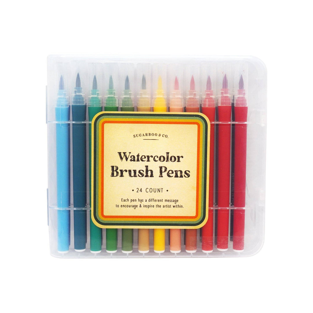 Set of watercolor brush pens in a rainbow of colors, in a clear plastic case with a decorative label.