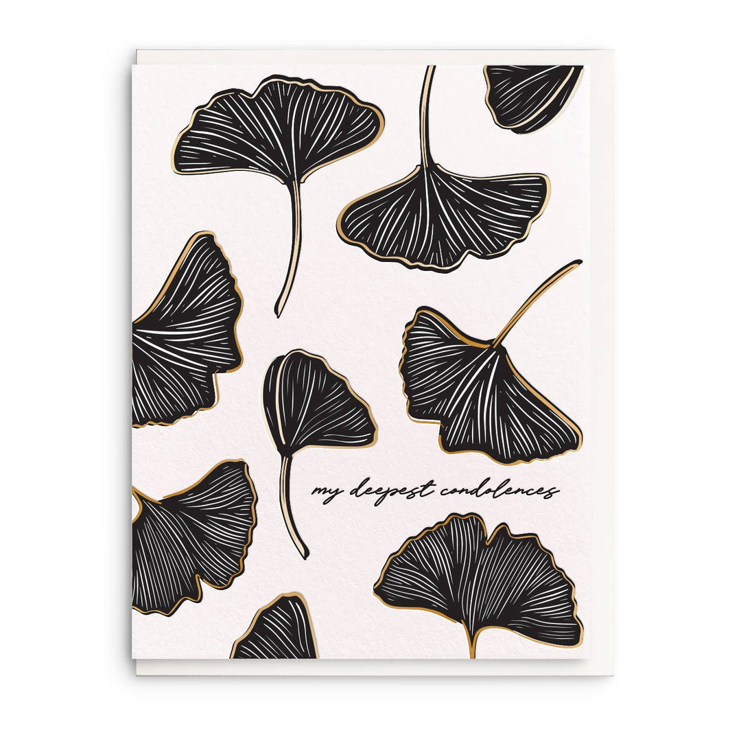 Black, white and gold gingko leaves with black cursive text on a white background.