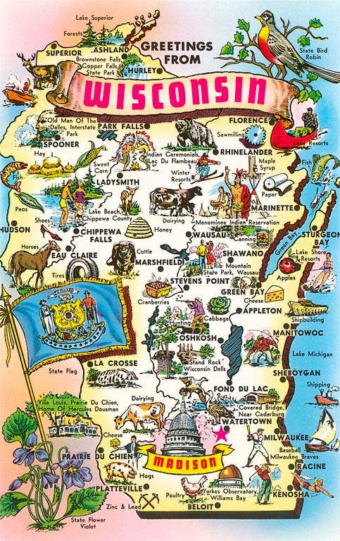 Colorful map of Wisconsin with various cities called out, along with images evocative of the particular area in the state.