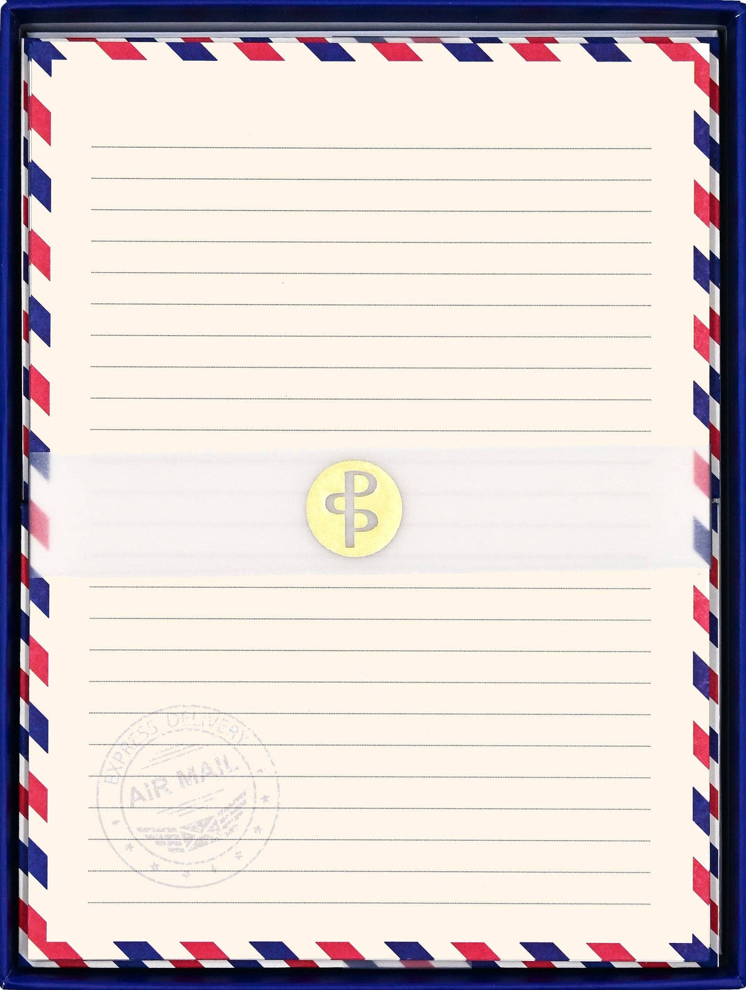 Airmail stationery in blue box.