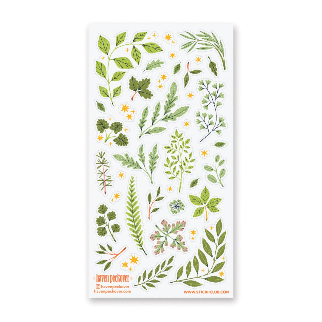 Sheet of more than two dozen green leaf stickers 