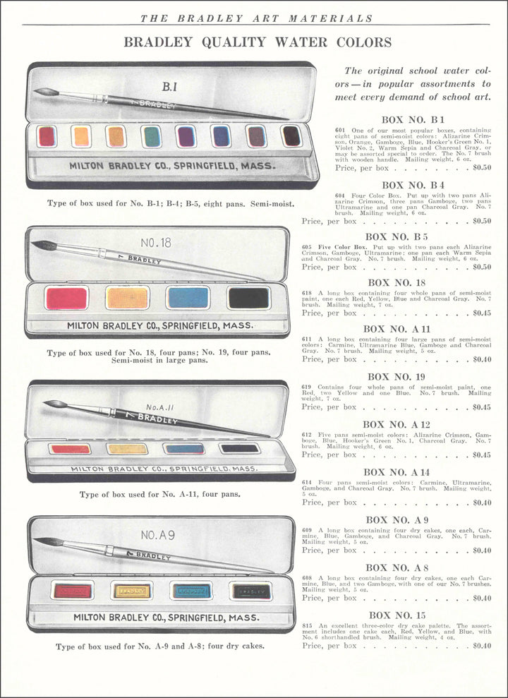 Four different vintage watercolor sets from Bradley, with descriptions.