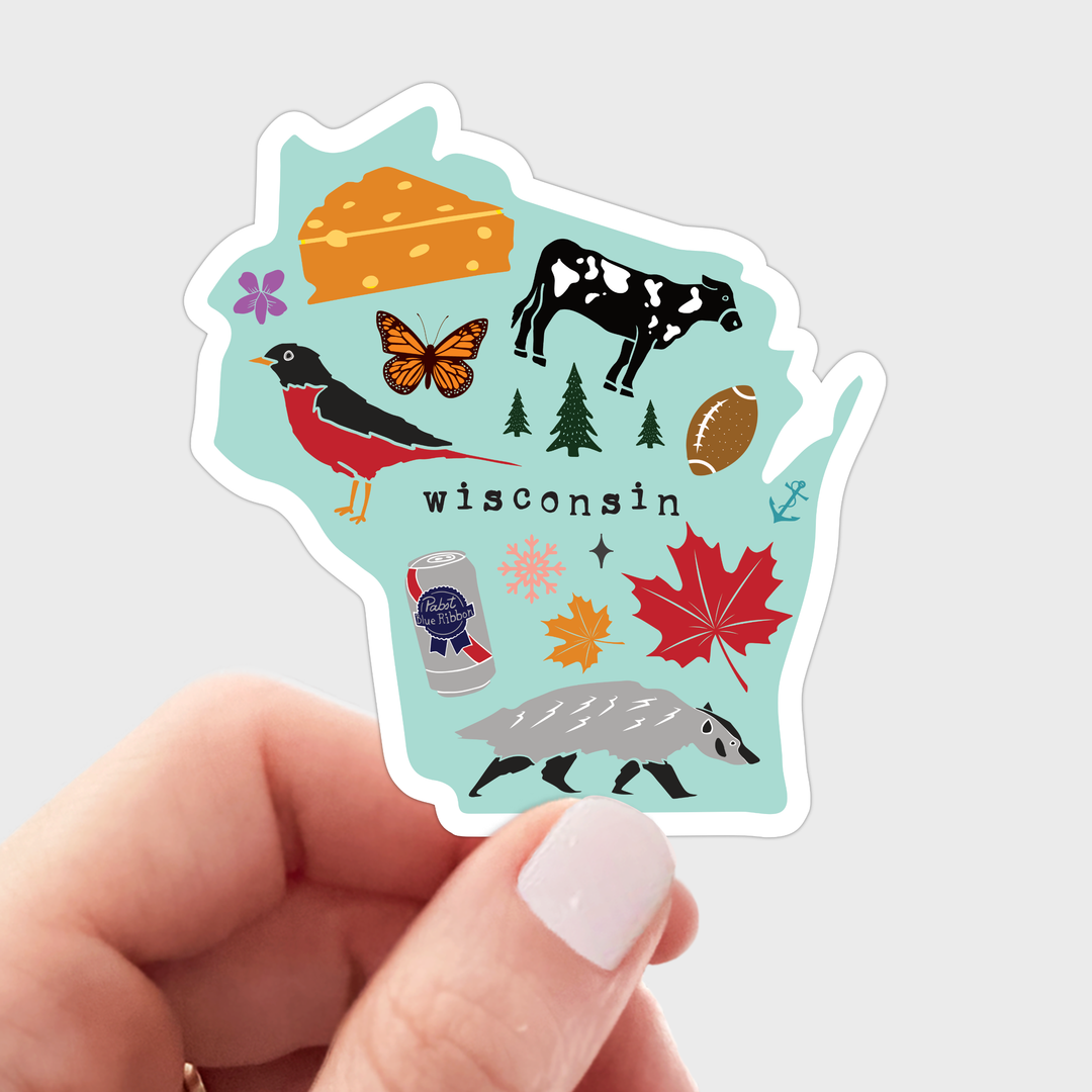 Wisconsin-shaped sticker with various icons, including a cheese wedge, cow, badger, PBR beer can and football.