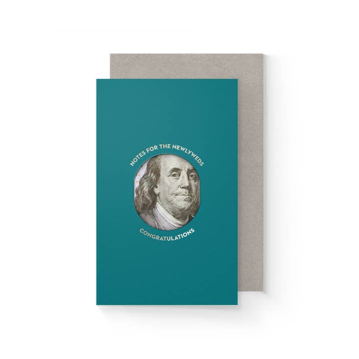 Azure greeting card for cash gift: cutout on fron surrounded by text Notes for newleyweds above and Congratulations below