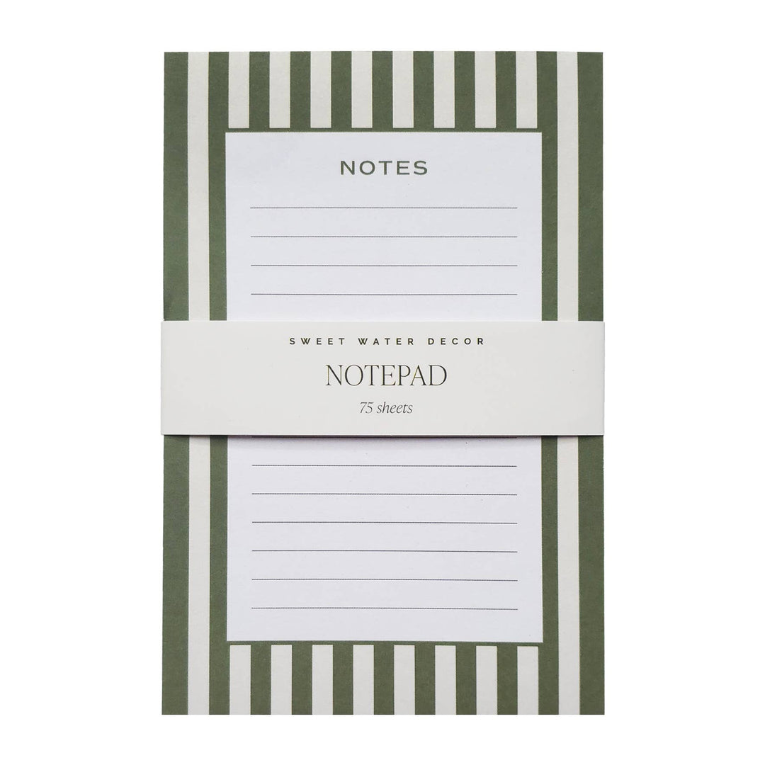 Green and white vertical stripes around edge of notepad surrounding green horizontal lines.