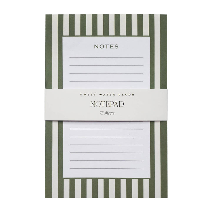 Green and white vertical stripes around edge of notepad surrounding green horizontal lines.