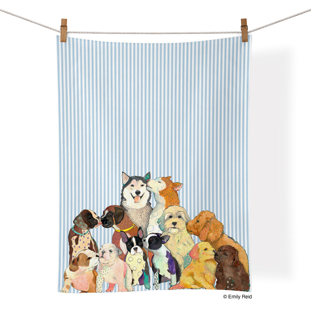 Realistic hand drawn dogs kissing their mate on a blue and white striped cotton kitchen towel.