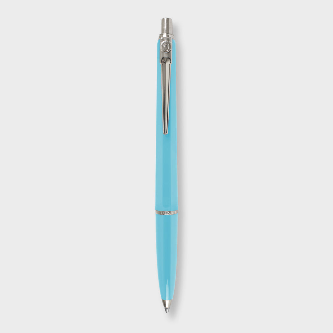 Turquoise pen with silver clip.