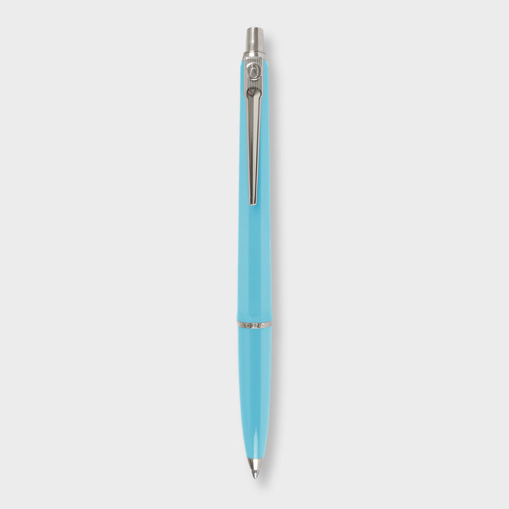 Turquoise pen with silver clip.