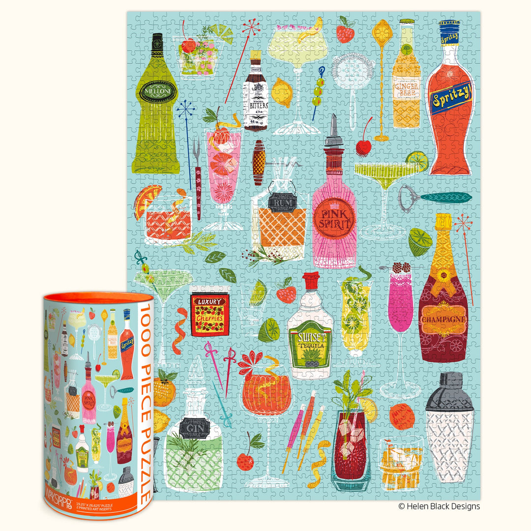 A complete puzzle with bottles of various types of alcohol and garnishes and showing round puzzle box.