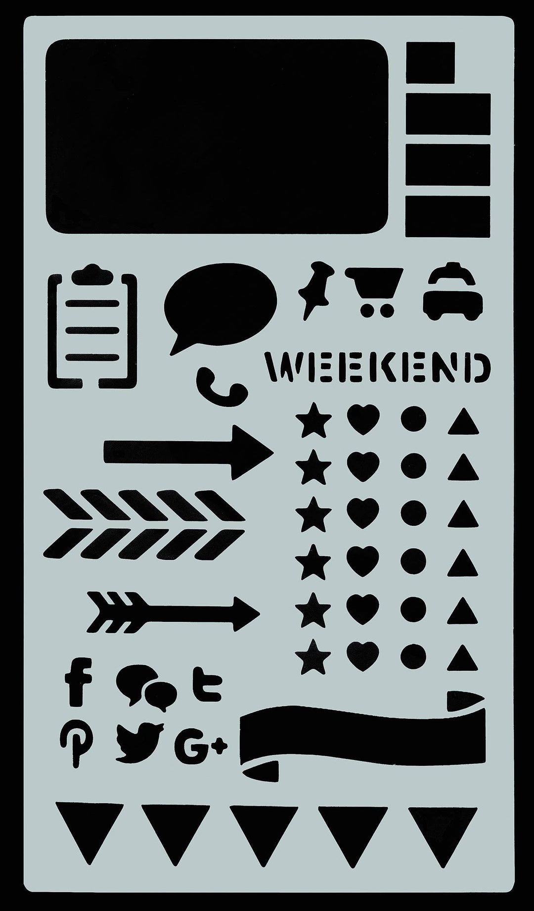 Stencil with various design elements including text and symbols.