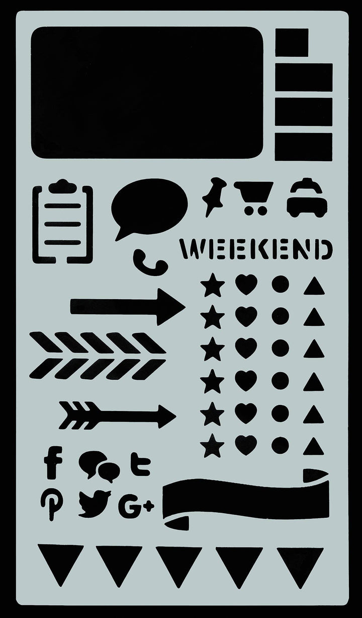 Stencil with various design elements including text and symbols.