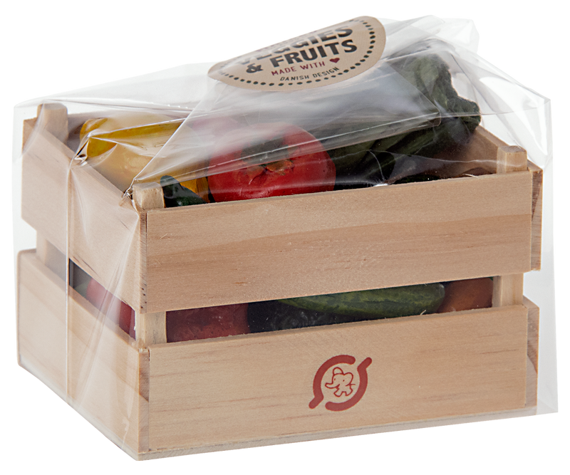 Wooden crate in plastic package with label "Veggies and Fruits Made with Love."
