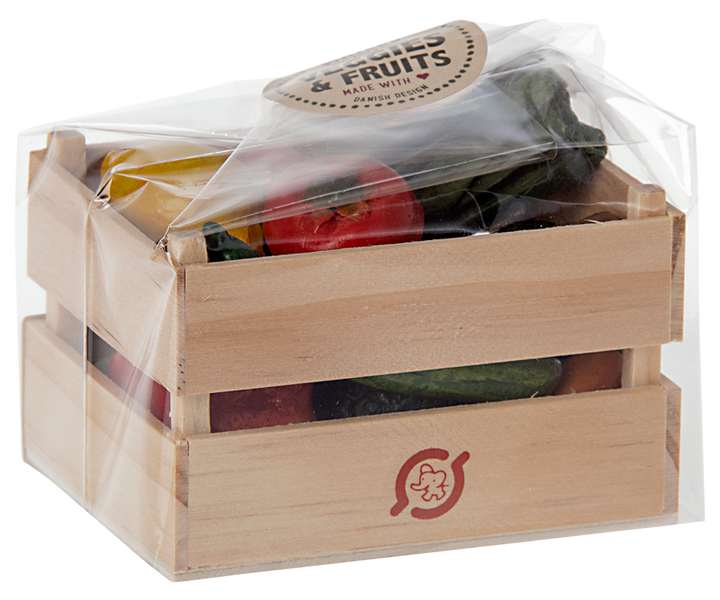 Wooden crate in plastic package with label "Veggies and Fruits Made with Love."