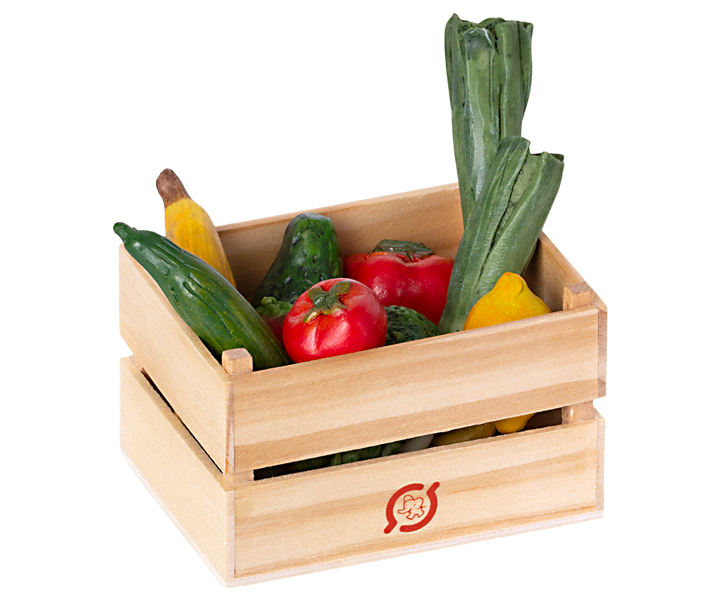Wooden crate containing fruits and vegetables.