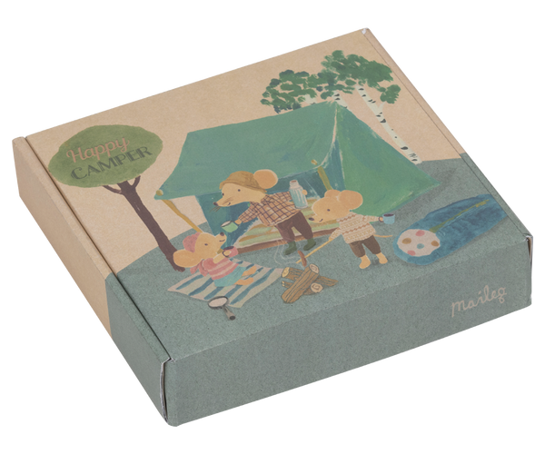 Box for camping tent with illustration of a campsite for the mice.