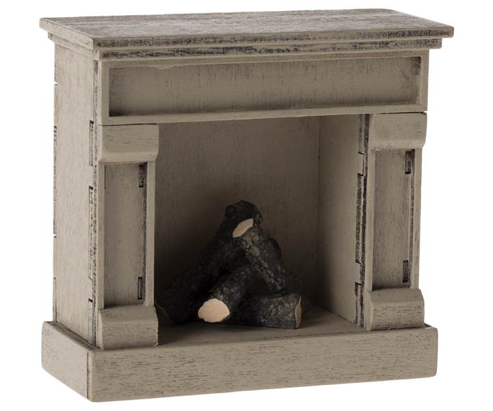 Wooden fireplace model with logs inside