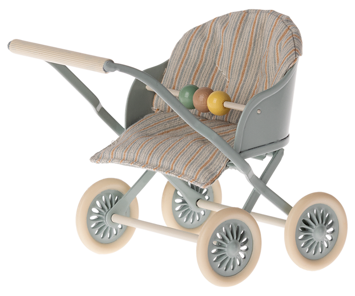 Metal stroller for baby mouse in light blue, with seat cushion and horizontal bar with beads.