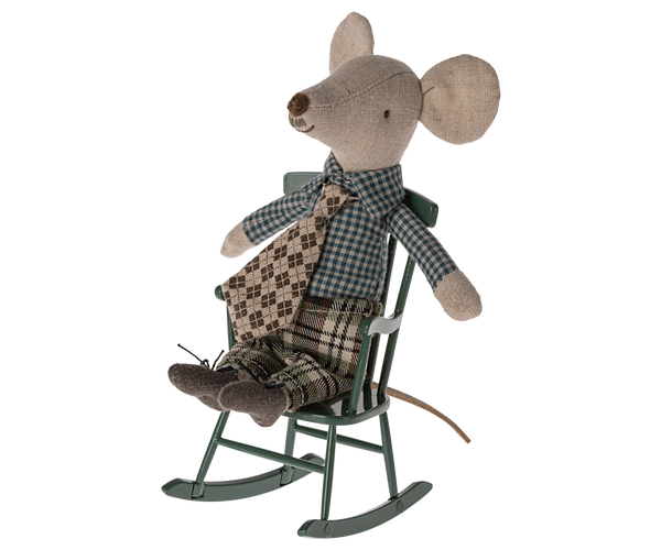 Dad mouse sitting in rocking chair.